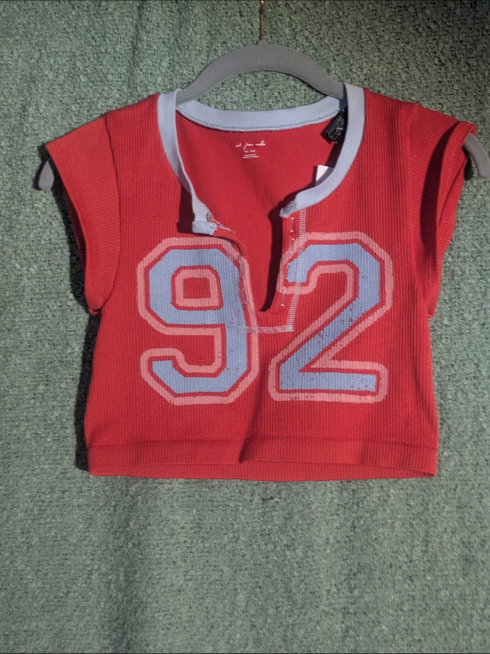 Urban Outfitters Cropped Red Tee with Light Blue '92 Graphic